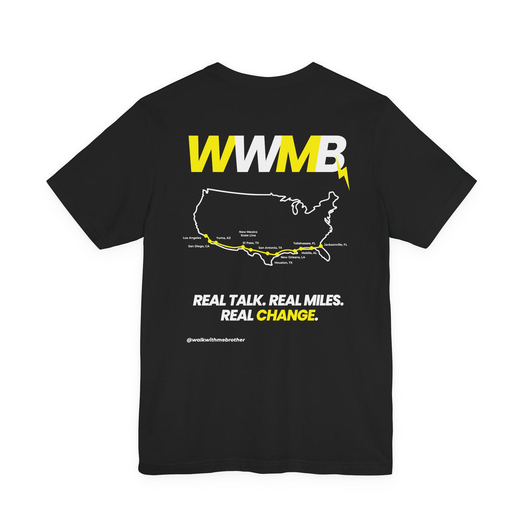 WWMB Route Map T‑Shirt — 'Real Talk. Real Miles. Real Change.' USA Roadmap Tee Black
