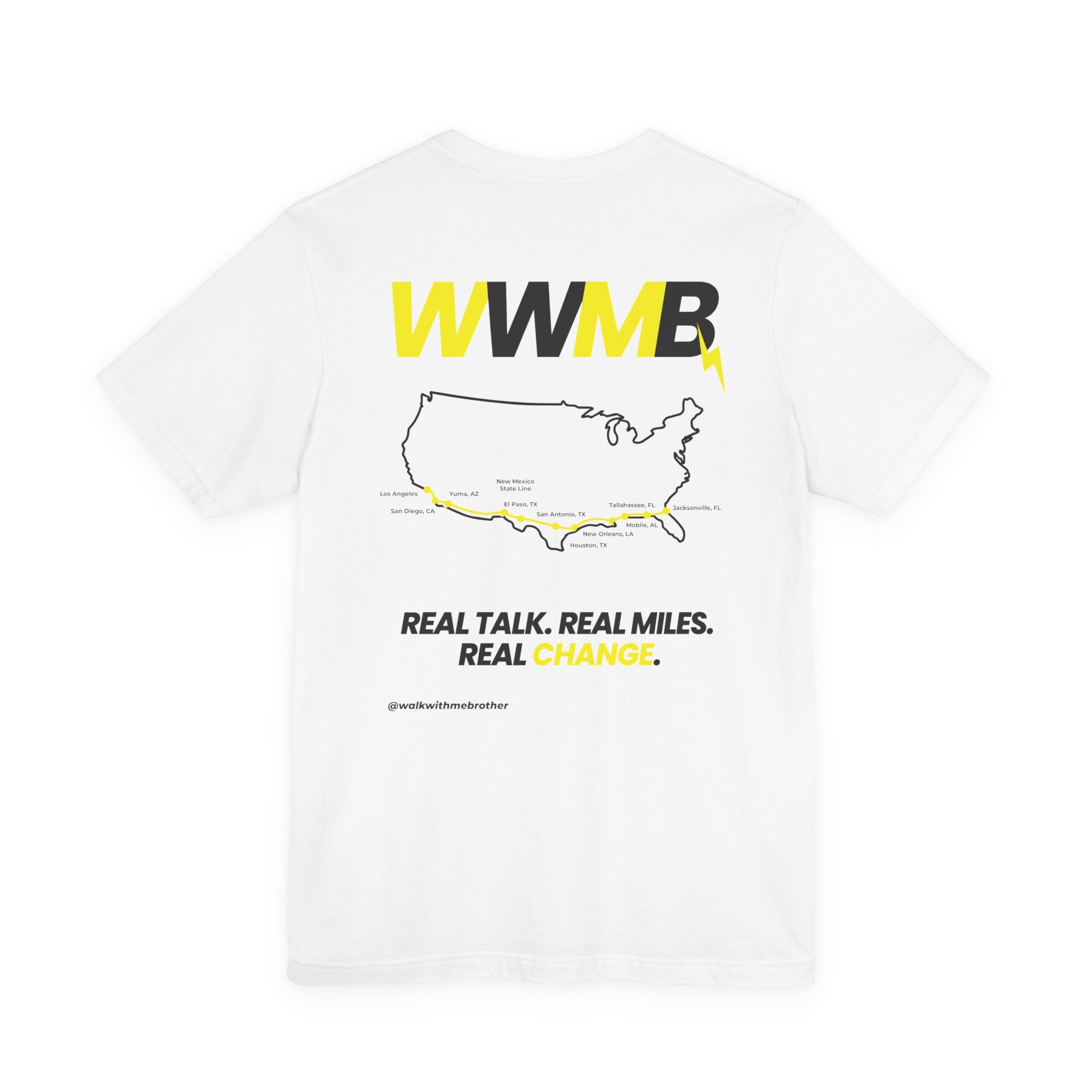WWMB Route Map T‑Shirt — 'Real Talk. Real Miles. Real Change.' USA Roadmap Tee